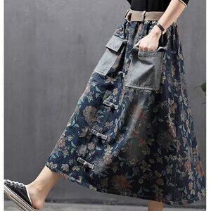 Max LuLu Floral Denim Jean Skirt Midi A-Line Vintage European Style One Size NWT